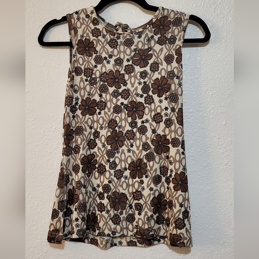 Infinito, brown floral print sleeveless top high neck, tie back, size S
